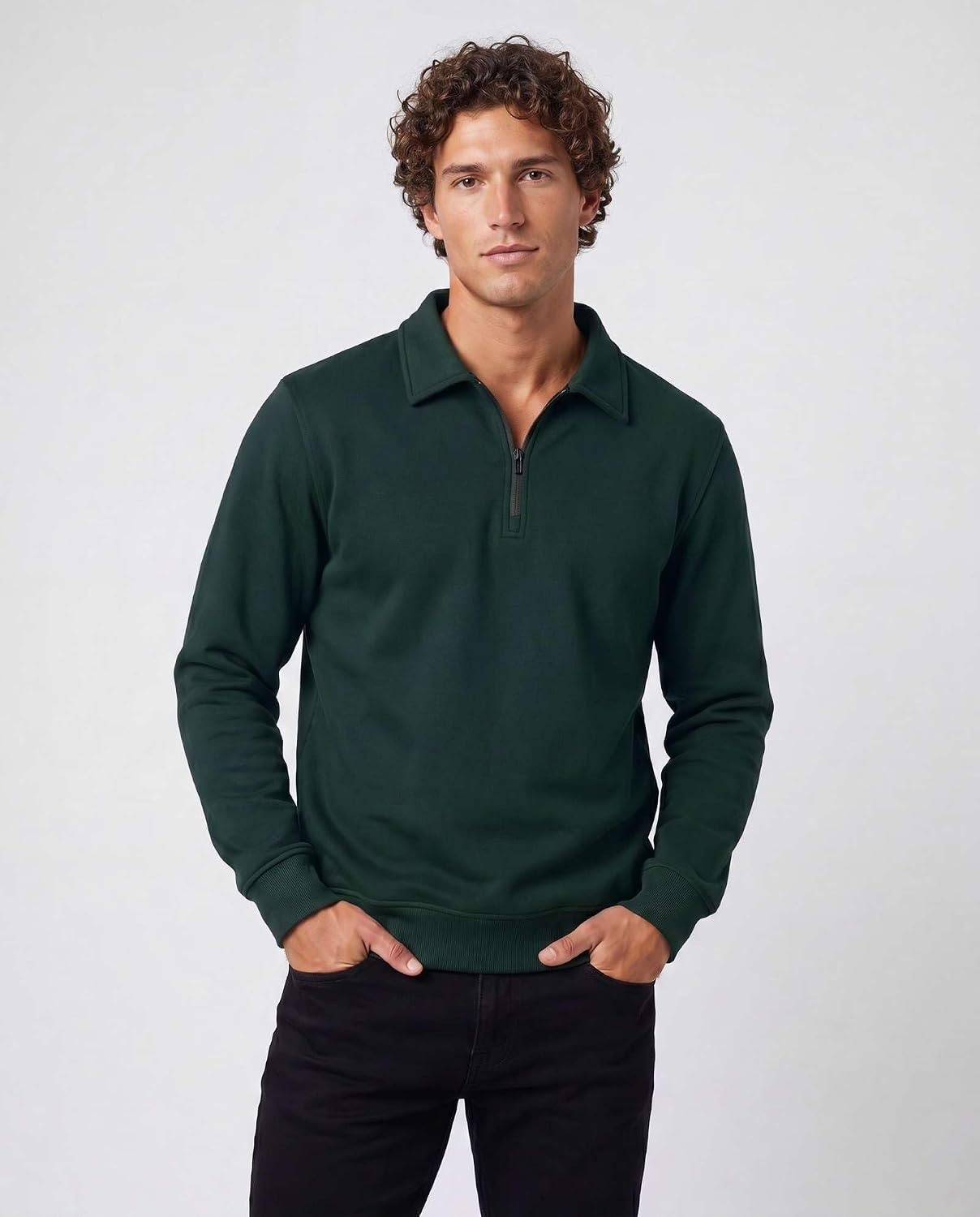 image:image2 Pack Mens Fleece Quarter Zip Sweatshirt Sweater Collared Long Sleeve TopSolid Chocolate Torte Solid Pine Grove