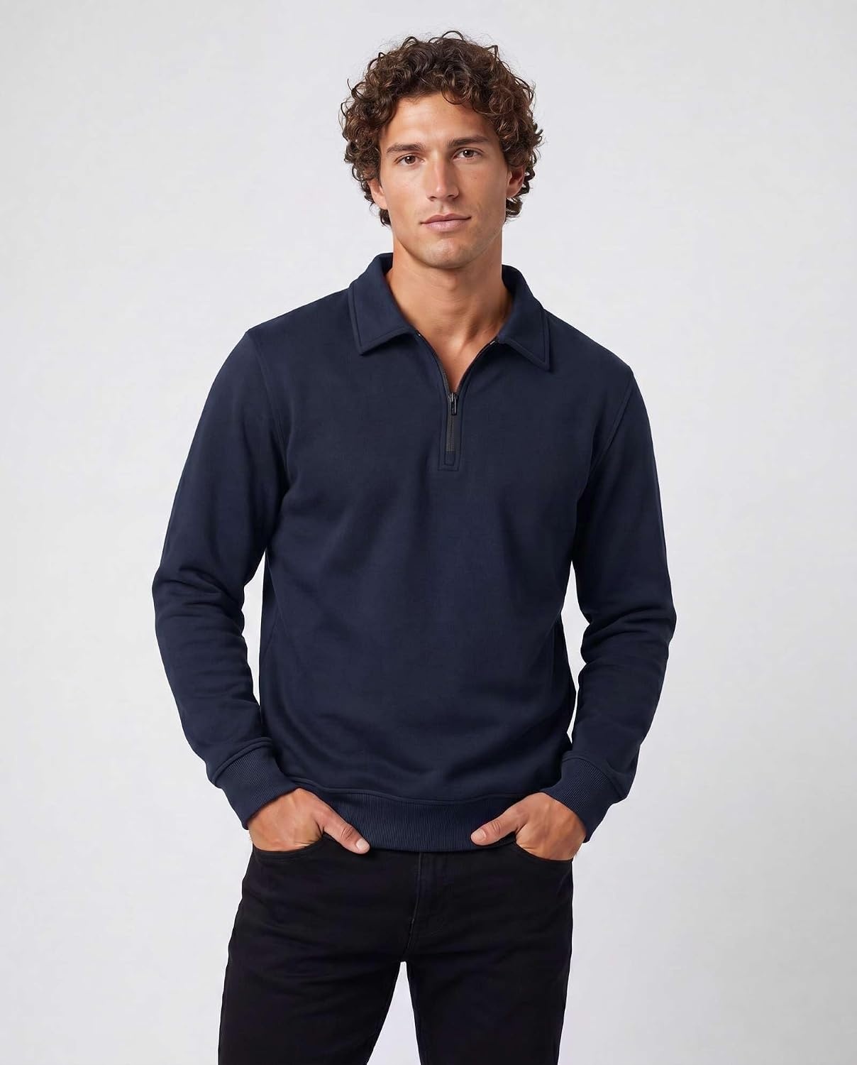 image:image2 Pack Mens Fleece Quarter Zip Sweatshirt Sweater Collared Long Sleeve TopSolid Navy Blazer Solid Vintage Indigo