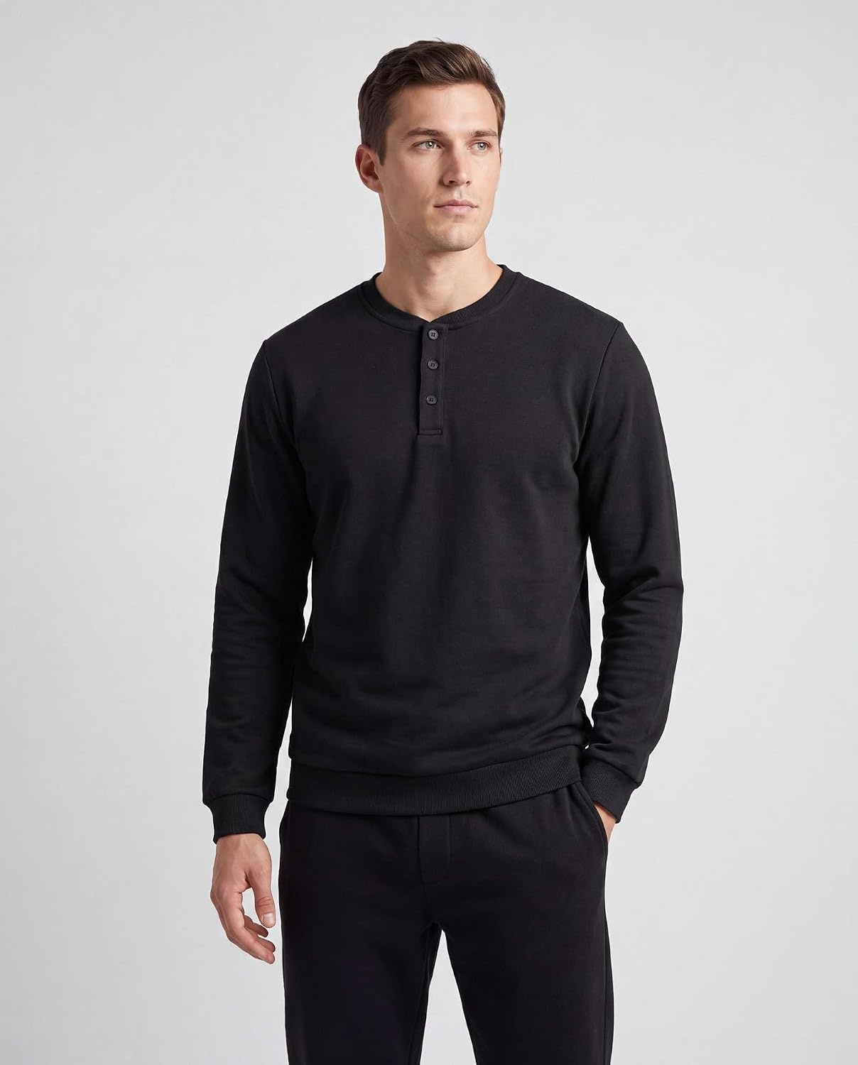 image:image3 Pack Mens Fleece Henley Shirts Long Sleeve Sweatshirt Sweater AthleticSolid Black Solid Black Solid Black