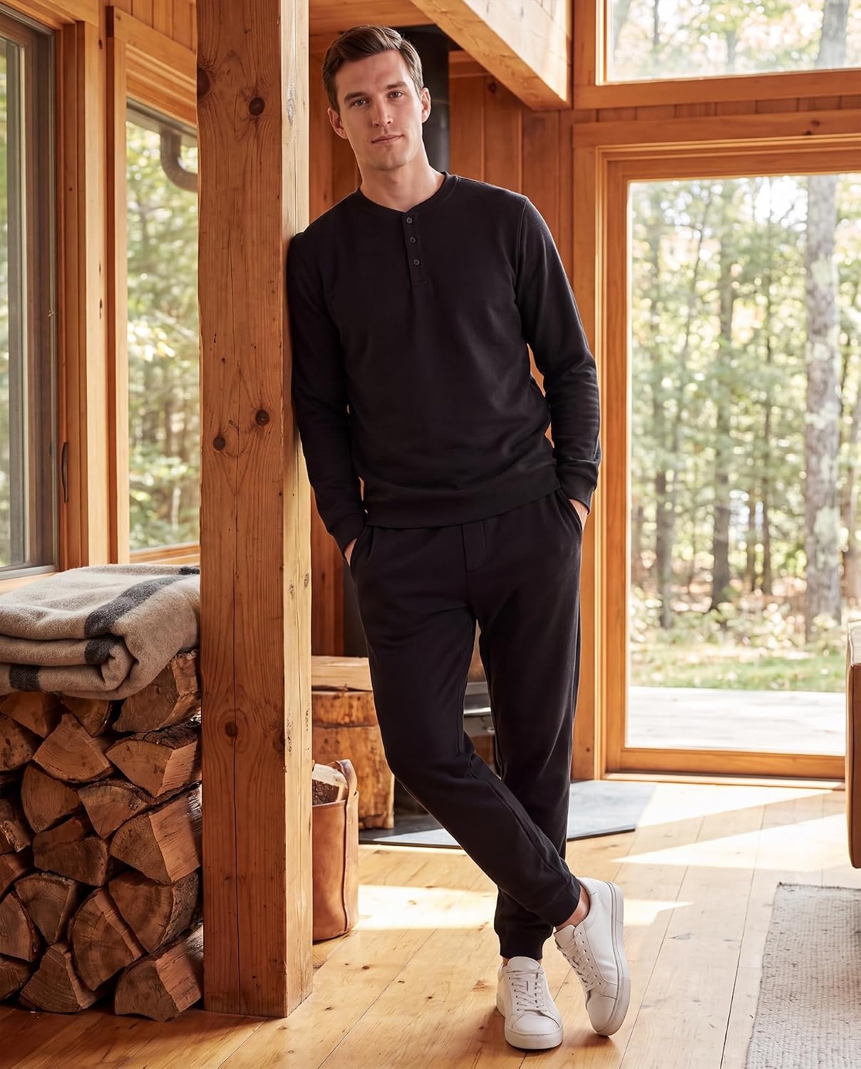 image:image3 Pack Mens Fleece Henley Shirts Long Sleeve Sweatshirt Sweater AthleticSolid Black Solid Black Solid Black