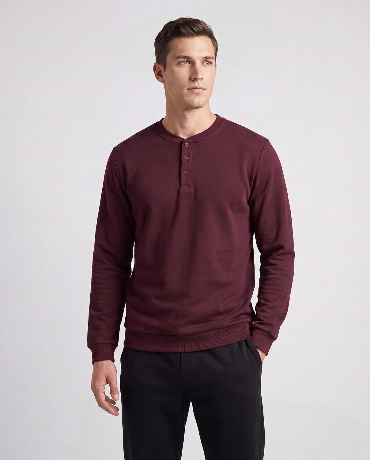 image:image3 Pack Mens Fleece Henley Shirts Long Sleeve Sweatshirt Sweater AthleticSolid Black Solid Burgundy Solid Vintage Indigo