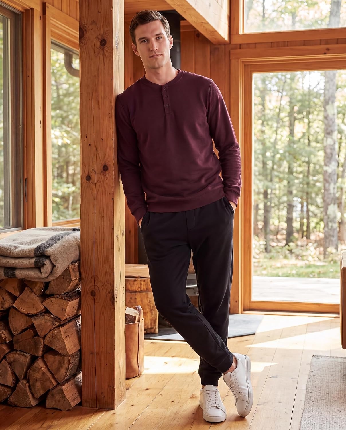 image:image3 Pack Mens Fleece Henley Shirts Long Sleeve Sweatshirt Sweater AthleticSolid Black Solid Burgundy Solid Vintage Indigo