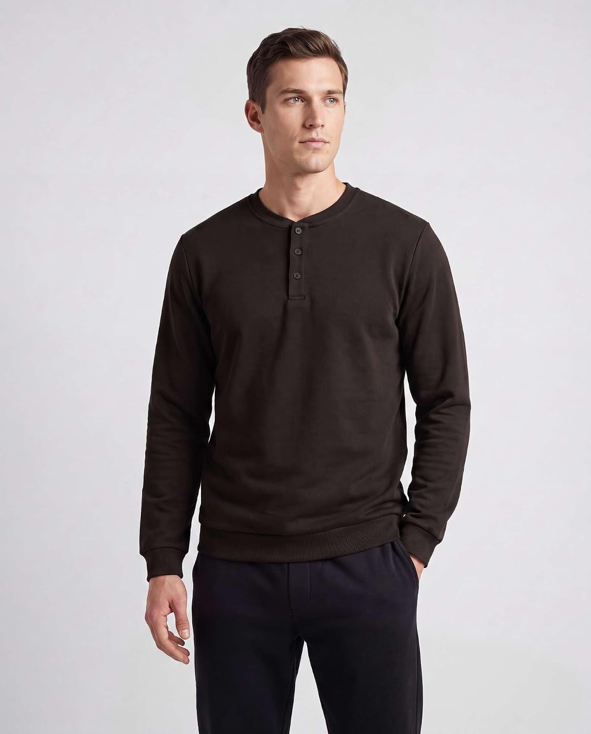 image:image3 Pack Mens Fleece Henley Shirts Long Sleeve Sweatshirt Sweater AthleticSolid Black Solid Chocolate Torte Solid Olive Night