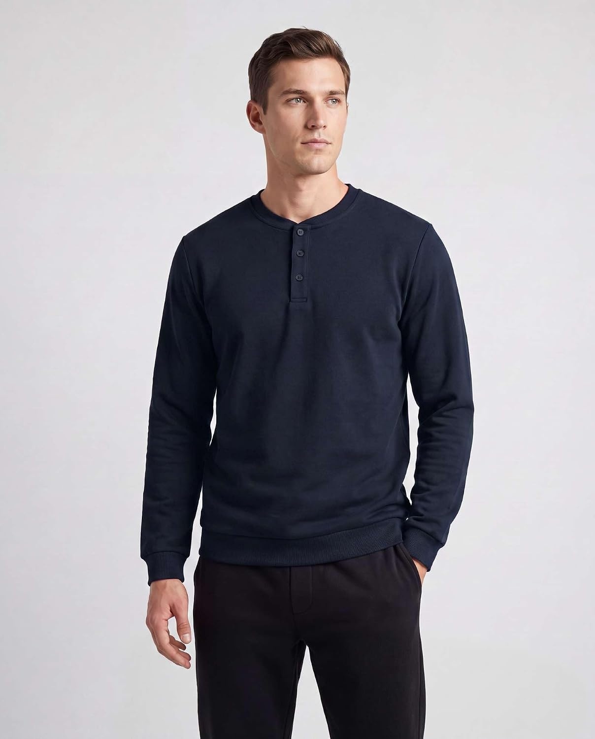 image:image3 Pack Mens Fleece Henley Shirts Long Sleeve Sweatshirt Sweater AthleticSolid Black Solid Navy Blazer Charcoal Heather