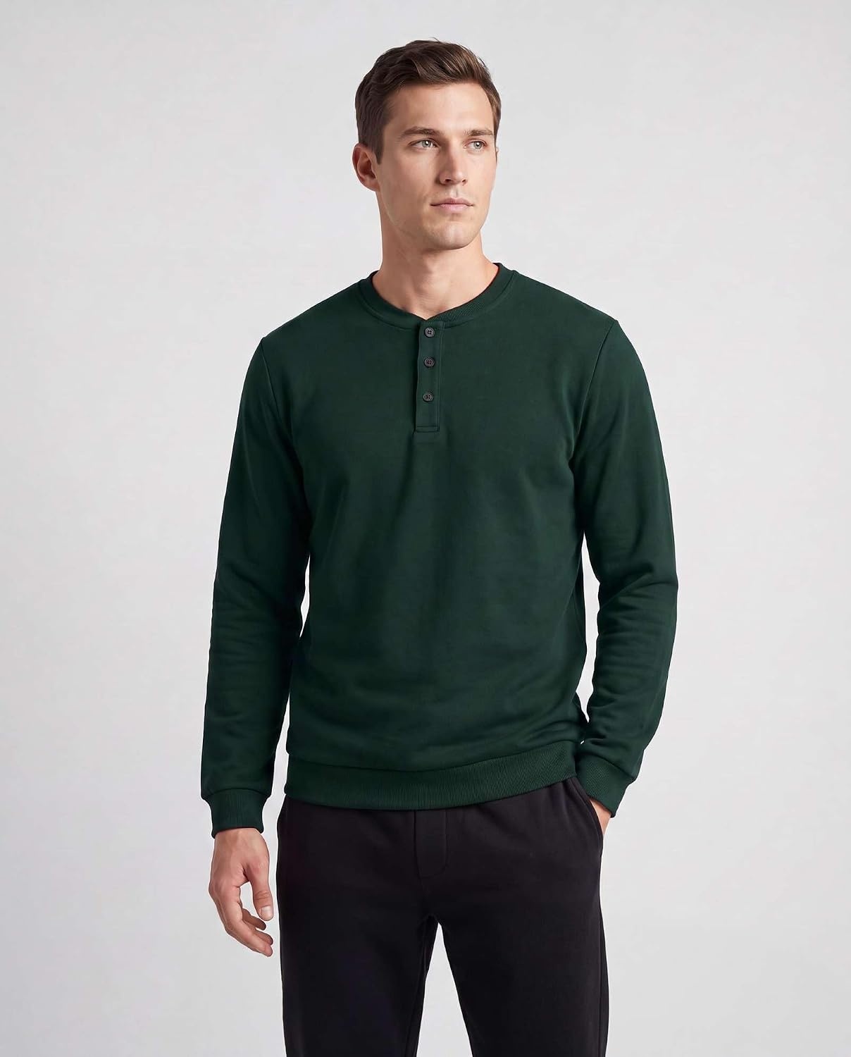 image:image3 Pack Mens Fleece Henley Shirts Long Sleeve Sweatshirt Sweater AthleticSolid Black Solid Pine Grove Solid Northern Droplet