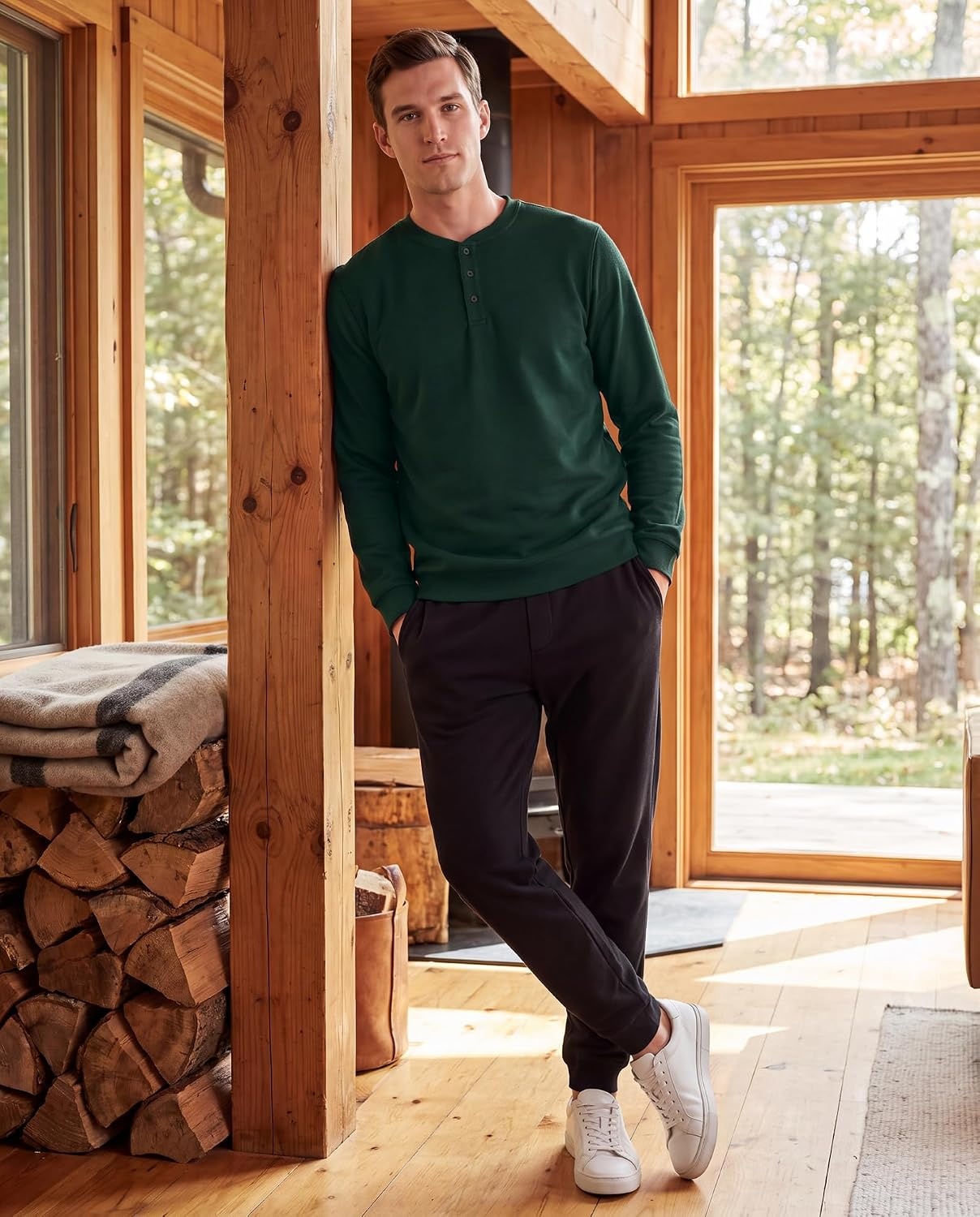 image:image3 Pack Mens Fleece Henley Shirts Long Sleeve Sweatshirt Sweater AthleticSolid Black Solid Pine Grove Solid Northern Droplet