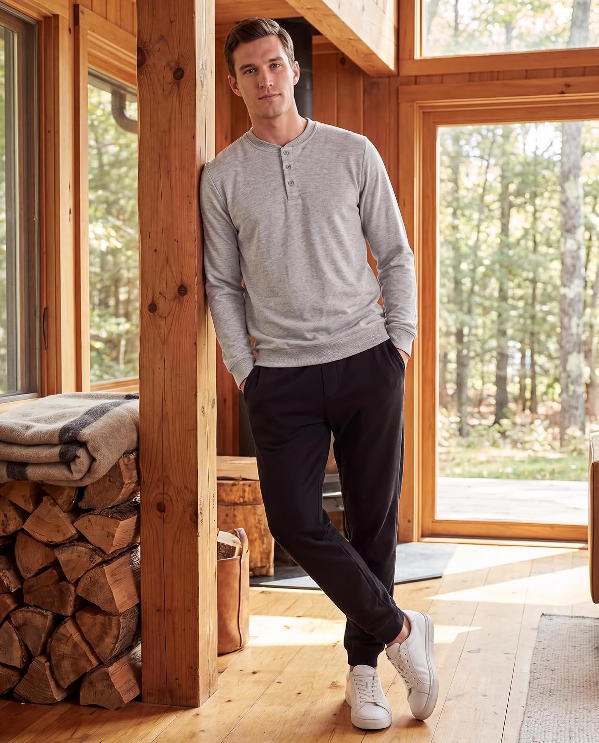 image:image3 Pack Mens Fleece Henley Shirts Long Sleeve Sweatshirt Sweater AthleticSolid Black Solid Quiet Shade Grey Heather