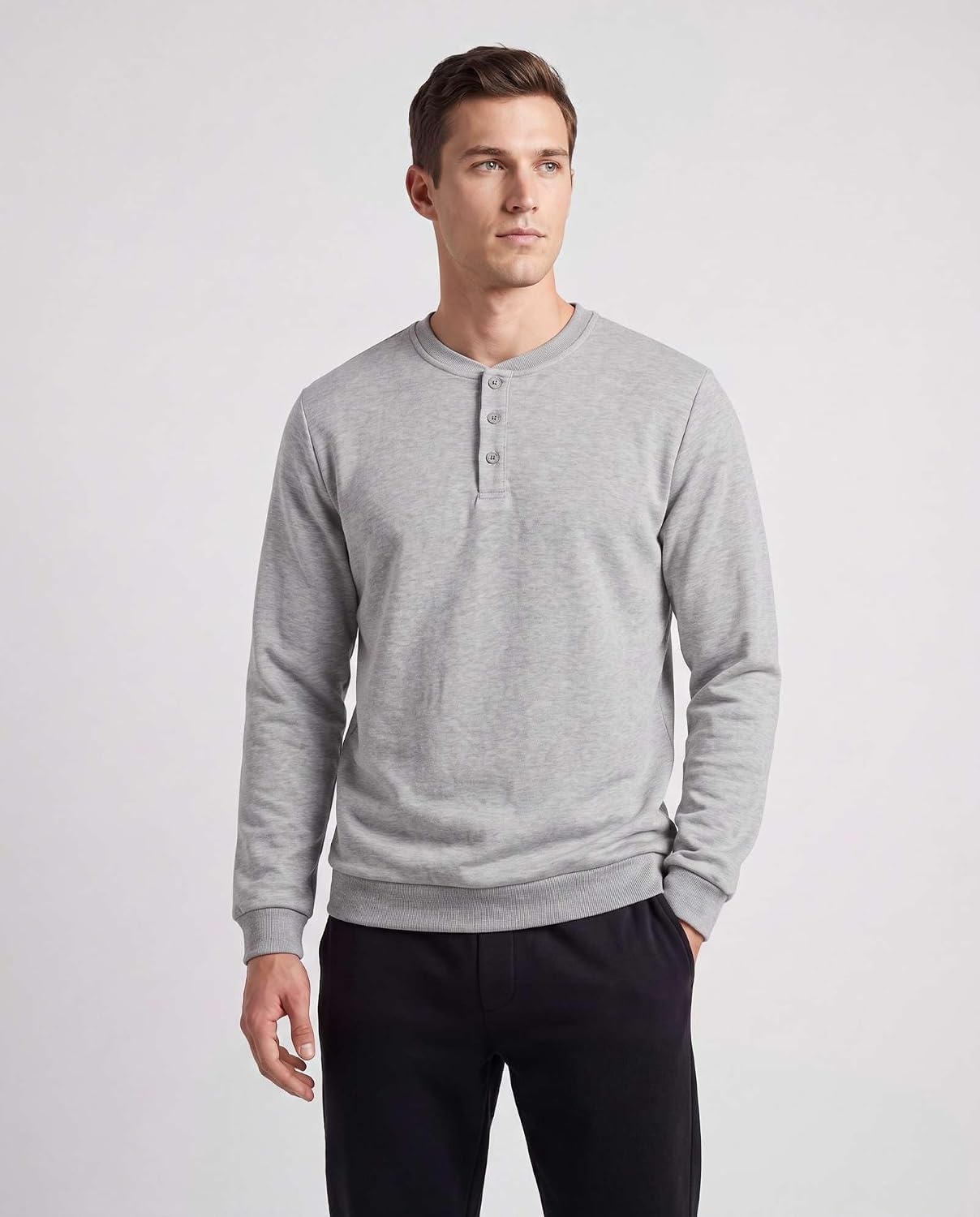 image:image3 Pack Mens Fleece Henley Shirts Long Sleeve Sweatshirt Sweater AthleticSolid Black Solid Quiet Shade Grey Heather
