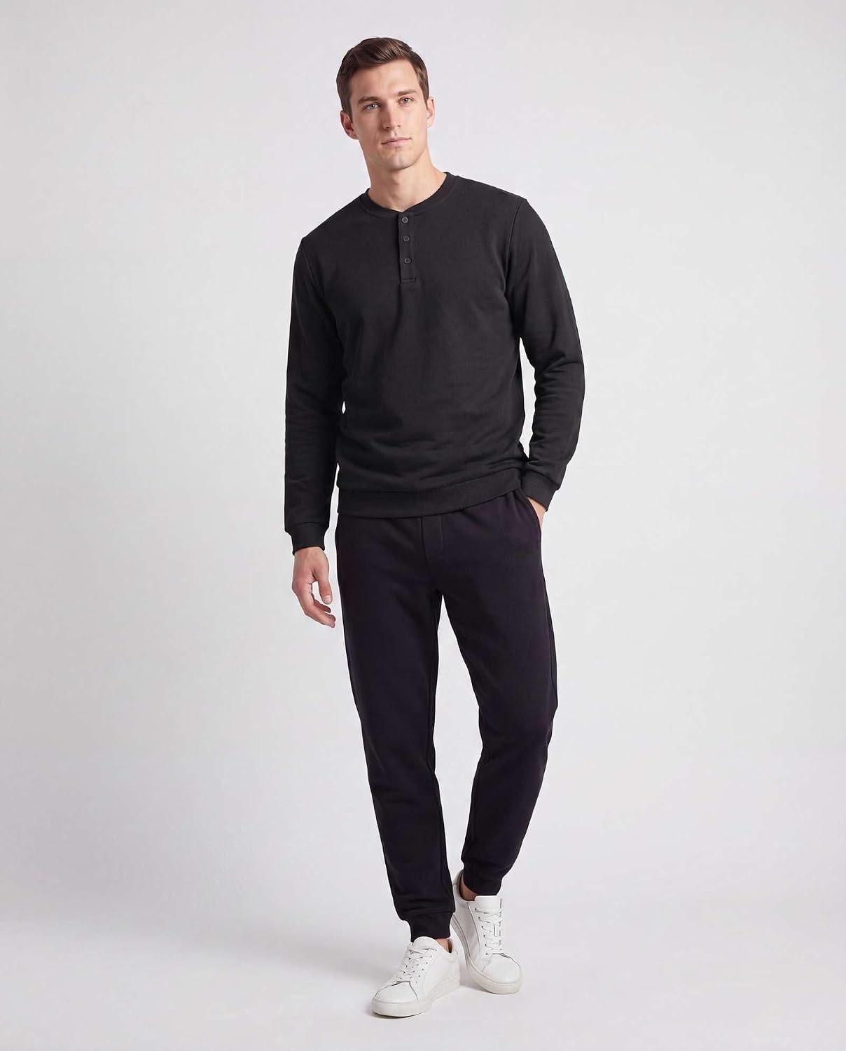 image:image3 Pack Mens Fleece Henley Shirts Long Sleeve Sweatshirt Sweater AthleticSolid Black Solid Quiet Shade Grey Heather