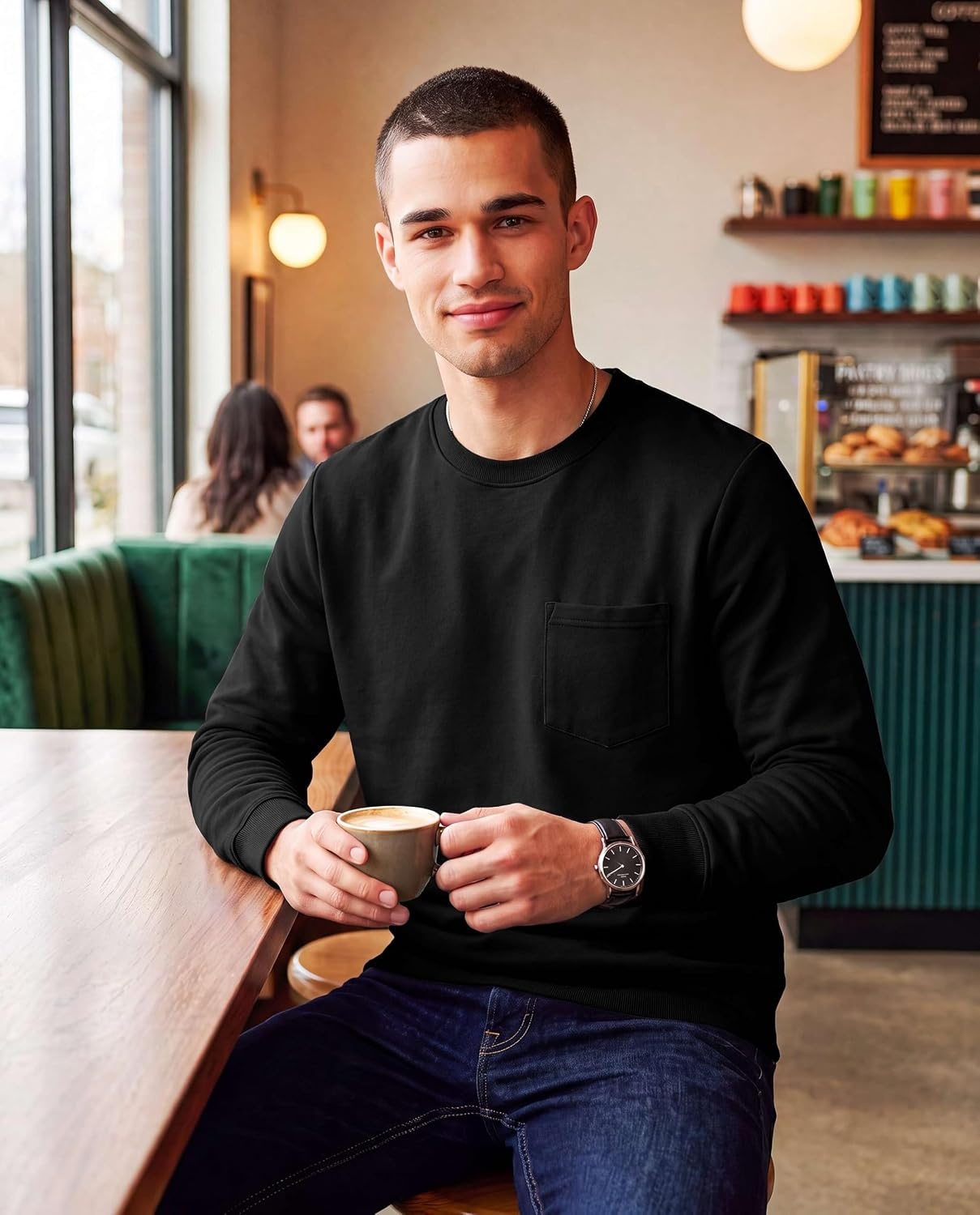 image:image3 Pack Mens Fleece Pocket Sweatshirt Pullover Long Sleeve Shirts SweaterSolid Black Solid Quiet Shade Grey Heather
