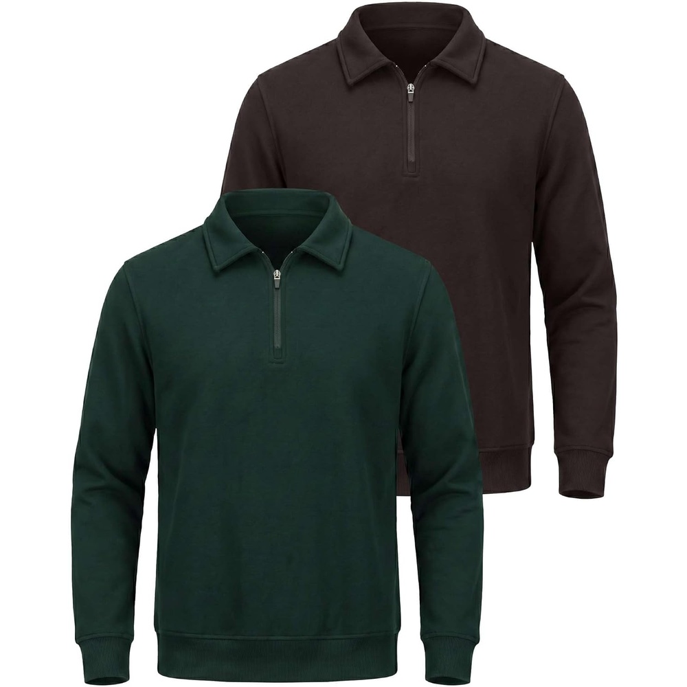 image:image2 Pack Mens Fleece Quarter Zip Sweatshirt Sweater Collared Long Sleeve TopSolid Chocolate Torte Solid Pine Grove