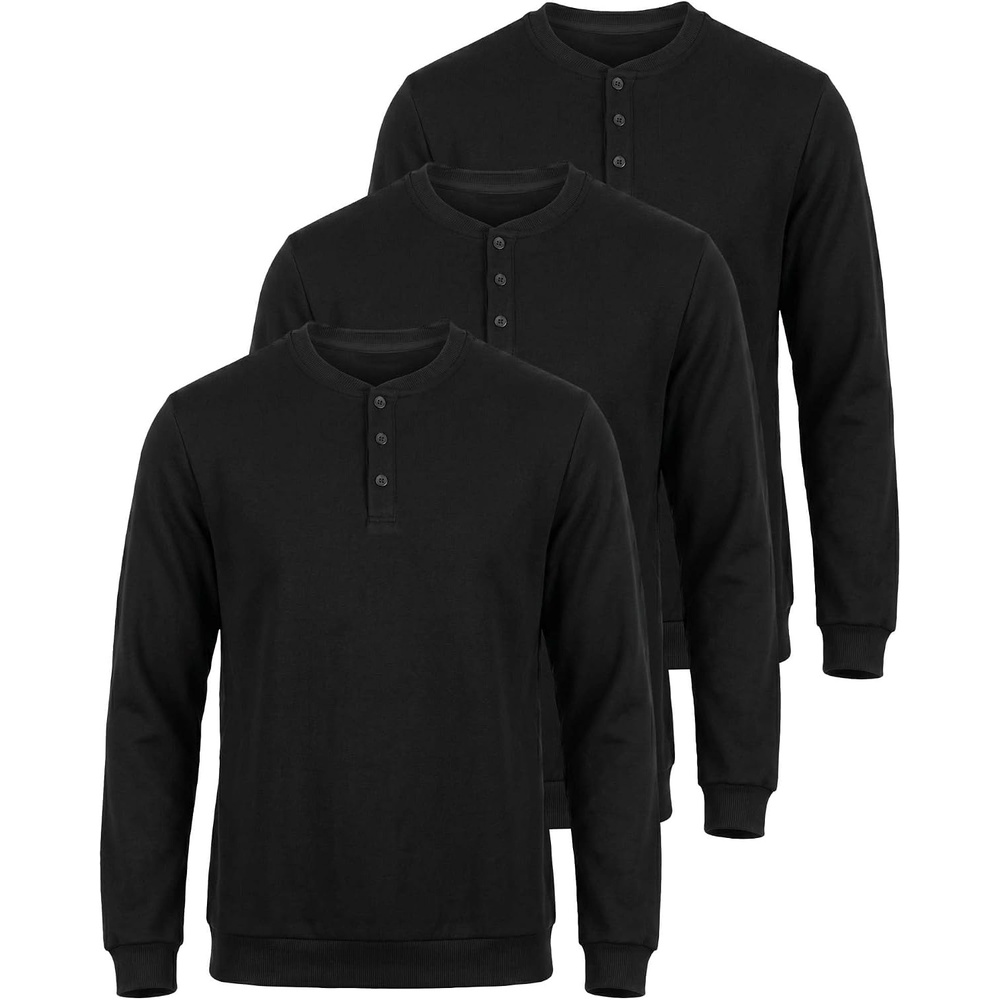 image:image3 Pack Mens Fleece Henley Shirts Long Sleeve Sweatshirt Sweater AthleticSolid Black Solid Black Solid Black