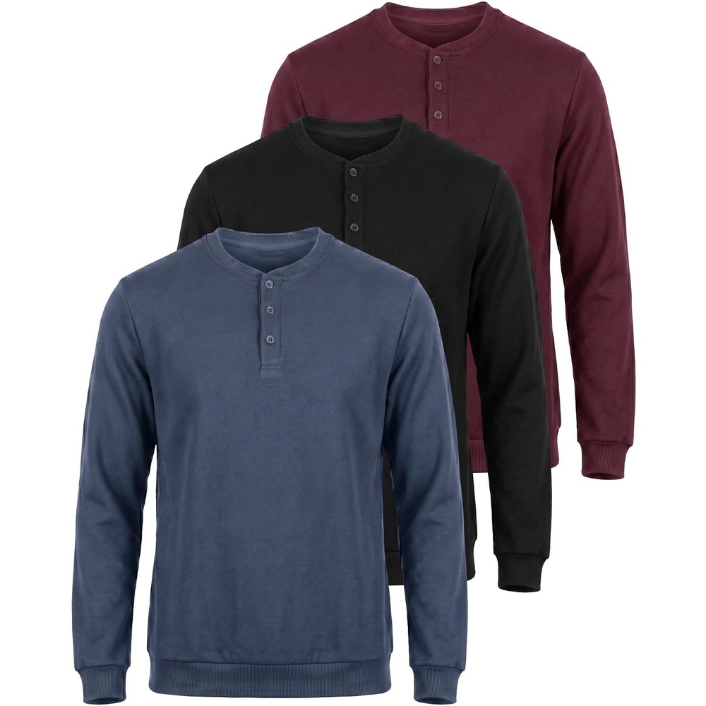 image:image3 Pack Mens Fleece Henley Shirts Long Sleeve Sweatshirt Sweater AthleticSolid Black Solid Burgundy Solid Vintage Indigo