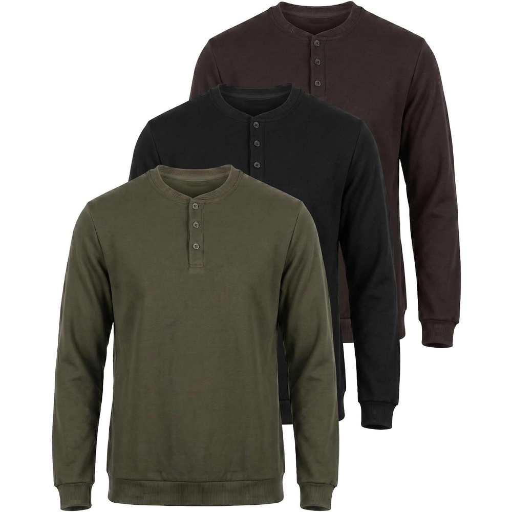 image:image3 Pack Mens Fleece Henley Shirts Long Sleeve Sweatshirt Sweater AthleticSolid Black Solid Chocolate Torte Solid Olive Night