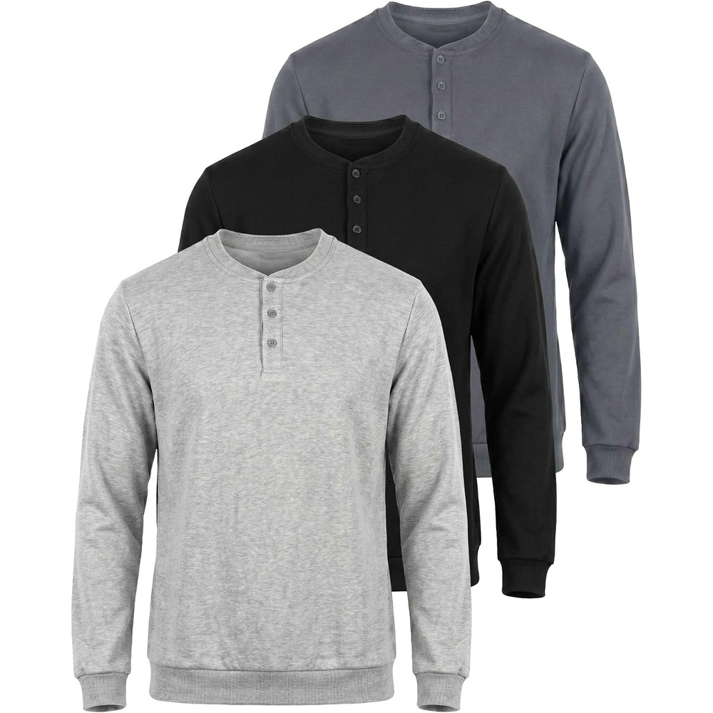 image:image3 Pack Mens Fleece Henley Shirts Long Sleeve Sweatshirt Sweater AthleticSolid Black Solid Quiet Shade Grey Heather
