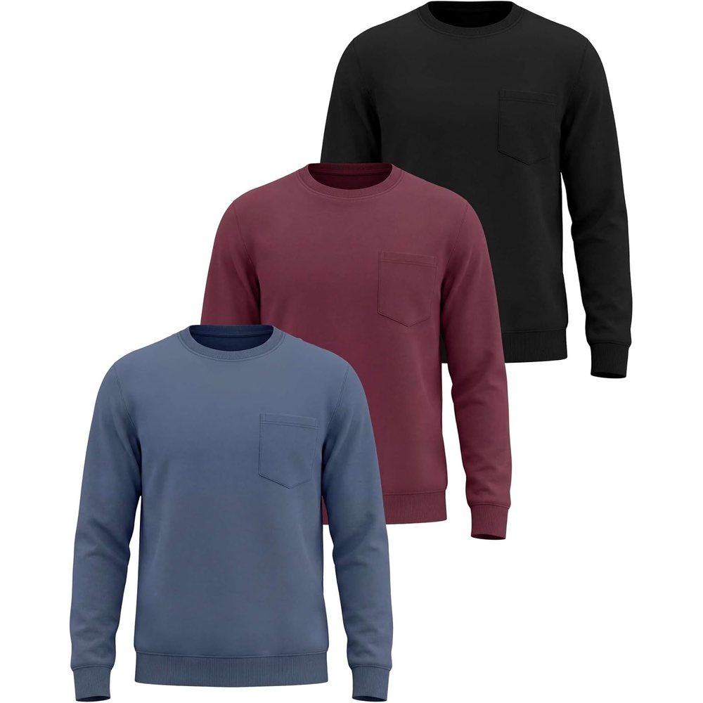 image:image3 Pack Mens Fleece Pocket Sweatshirt Pullover Long Sleeve Shirts SweaterSolid Black Solid Burgundy Solid Vintage Indigo
