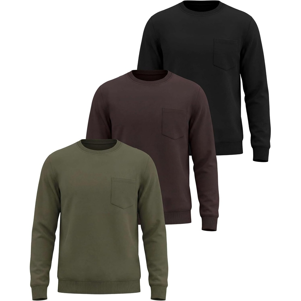 image:image3 Pack Mens Fleece Pocket Sweatshirt Pullover Long Sleeve Shirts SweaterSolid Black  Solid Chocolate Torte  Solid Olive Night