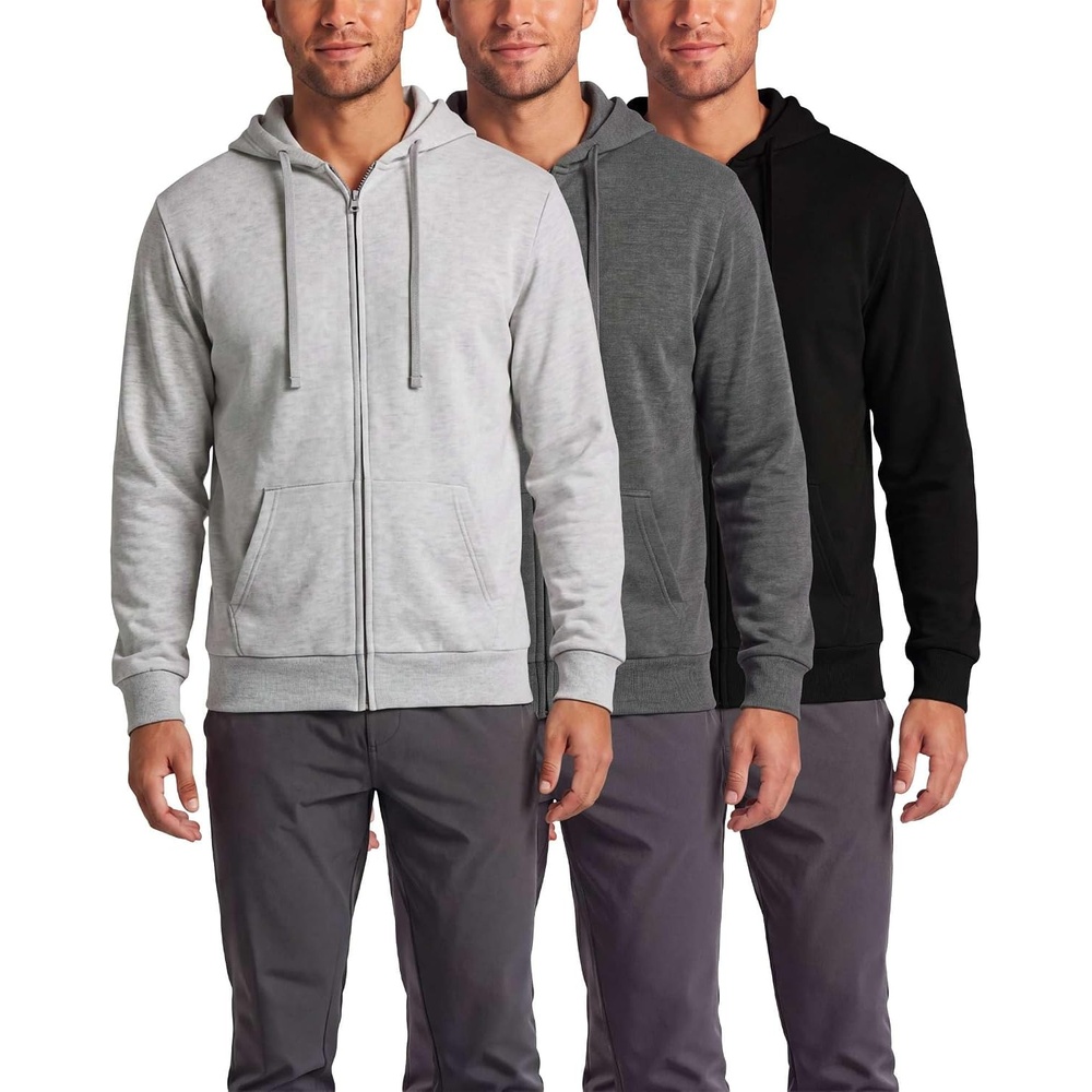 image:image3 Pack Mens Full Zip Up Hoodies Fleece Sweatshirts Jackets Workout ZipperSolid Black Charcoal Heather Grey Heather