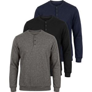 3 Pack Mens Fleece Henley Shirts Long Sleeve Sweatshirt Sweater Athletic(Solid Black  Solid Navy Blazer  Charcoal Heather)