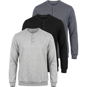 3 Pack Mens Fleece Henley Shirts Long Sleeve Sweatshirt Sweater Athletic(Solid Black  Solid Quiet Shade  Grey Heather)