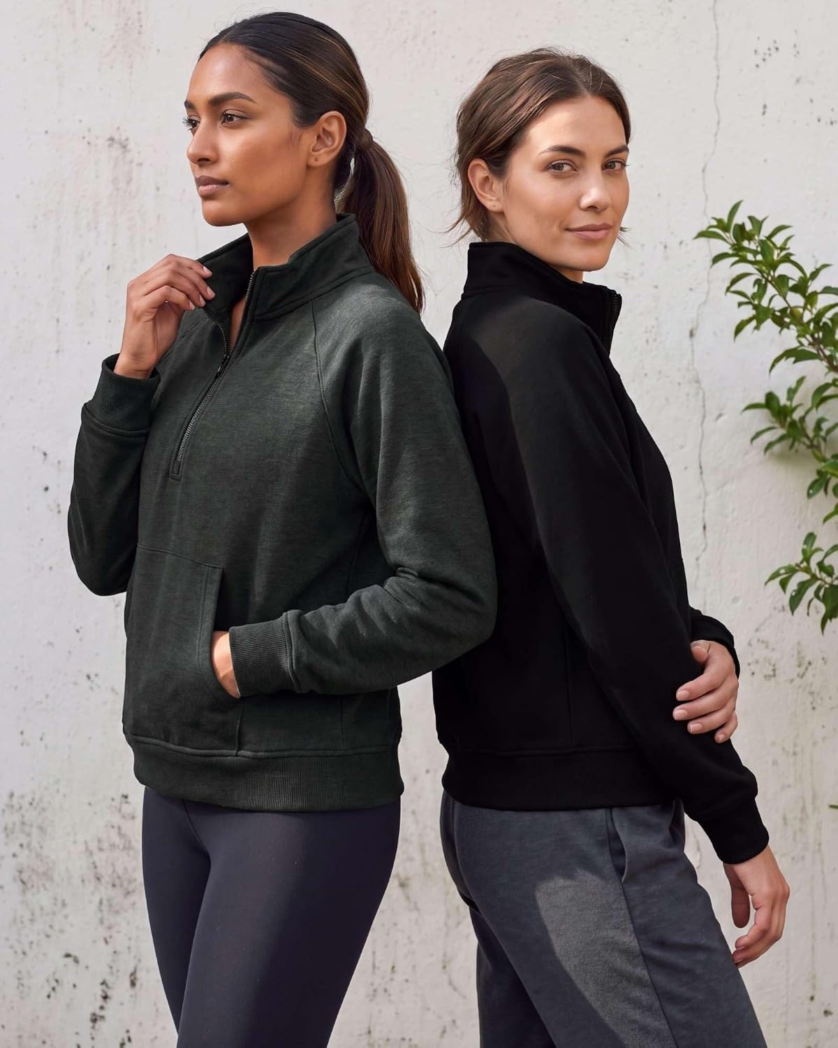 image:image2 Pack Womens Fleece Half Zip Pullover Mock Neck Sweatshirt Sweater TopsSolid Black Charcoal Heather