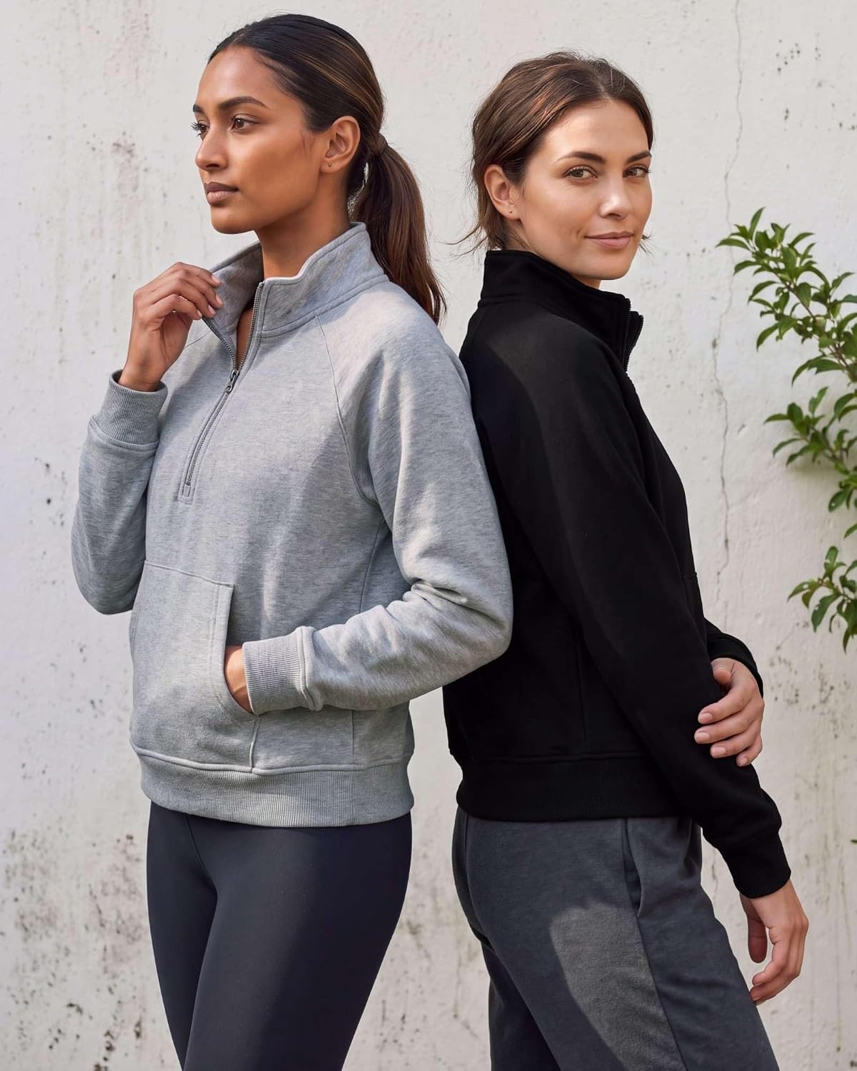 image:image2 Pack Womens Fleece Half Zip Pullover Mock Neck Sweatshirt Sweater TopsSolid Black Grey Heather
