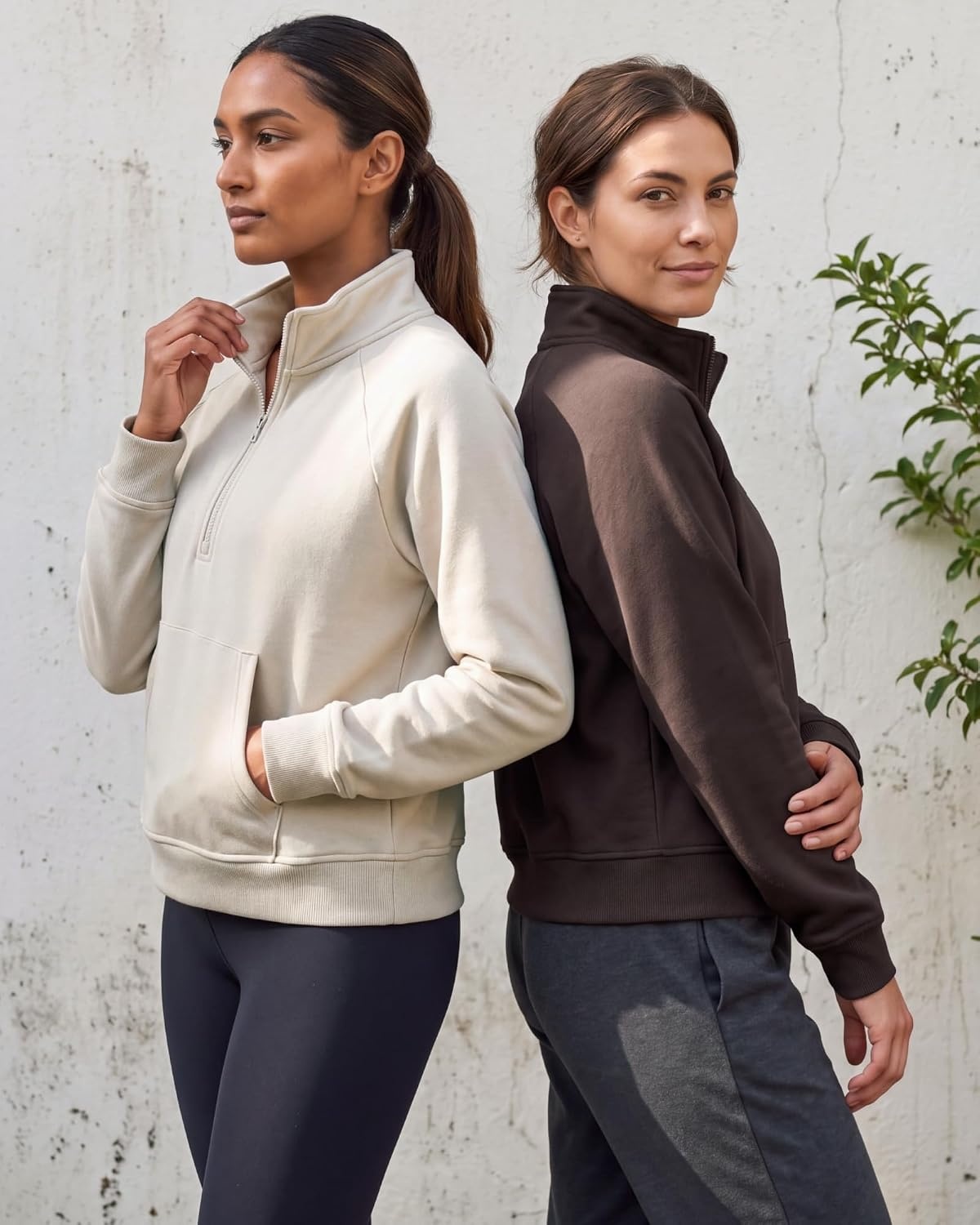 image:image2 Pack Womens Fleece Half Zip Pullover Mock Neck Sweatshirt Sweater TopsSolid Chocolate Torte Solid Moonbeam