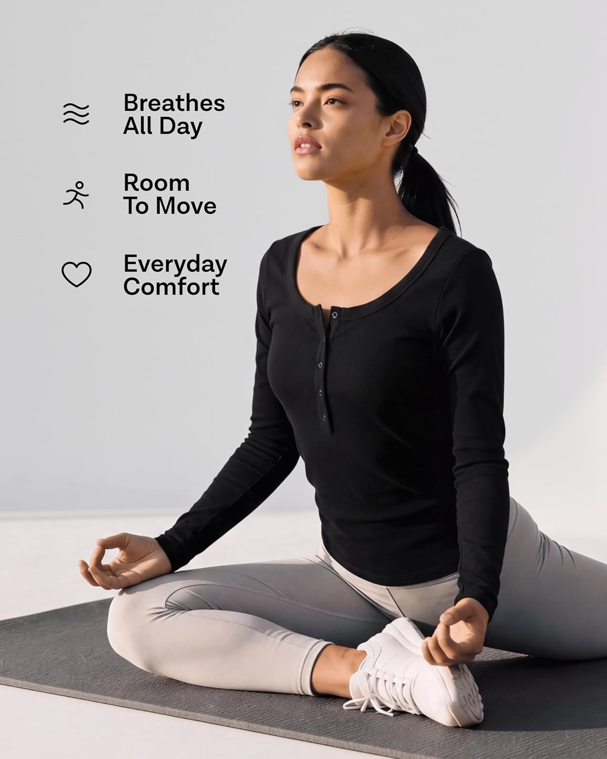 image:image3 Pack Womens Cotton Henley Shirts Long Sleeve Button Tops Casual Work TeesSolid Black Charcoal Heather Solid Bright White