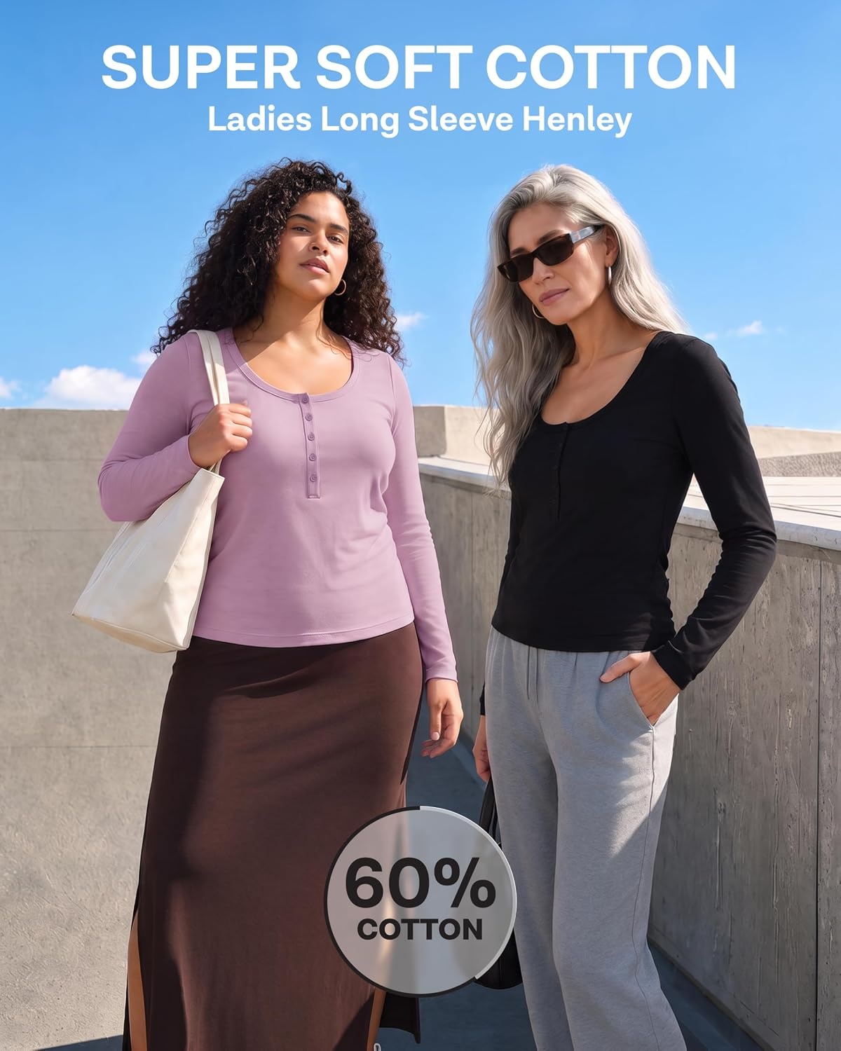 image:image3 Pack Womens Cotton Henley Shirts Long Sleeve Button Tops Casual Work TeesSolid Black Solid Fragrant Lilac Grey Heather