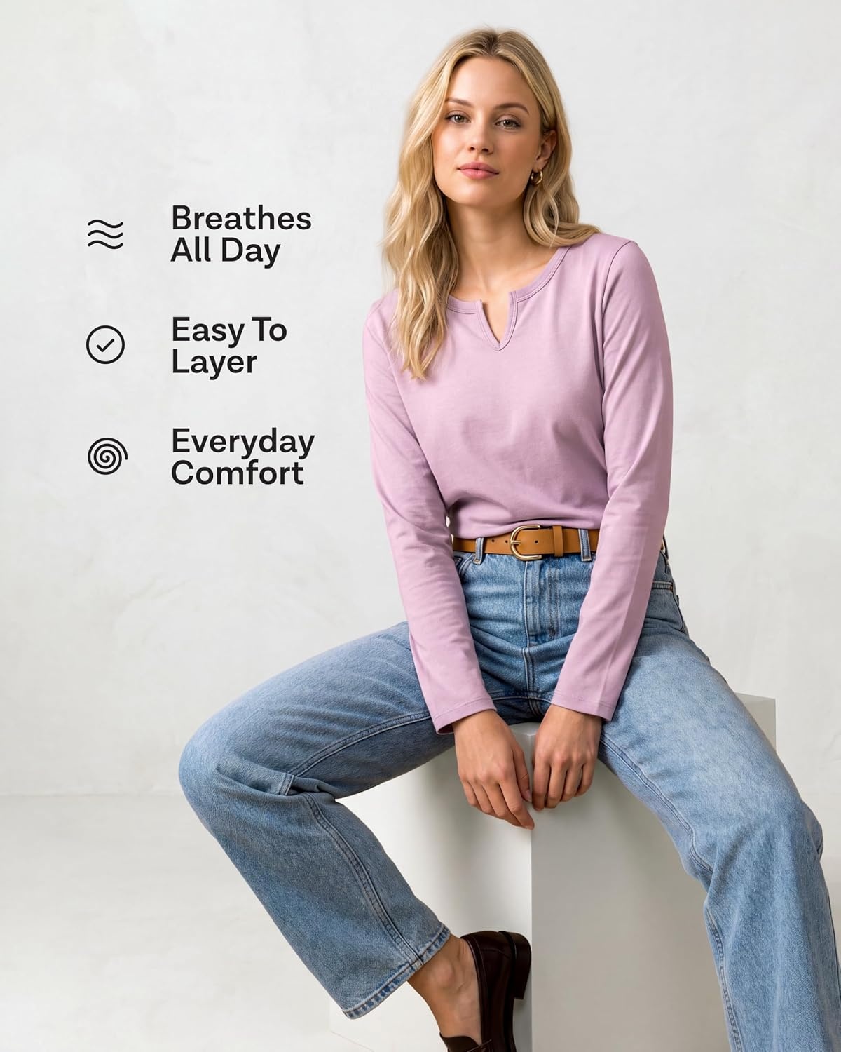 image:image3 Pack Womens Cotton Long Sleeve Tshirts Shirts Cute Tops Casual Work TeesSolid Black Solid Chocolate Torte Solid Moonbeam