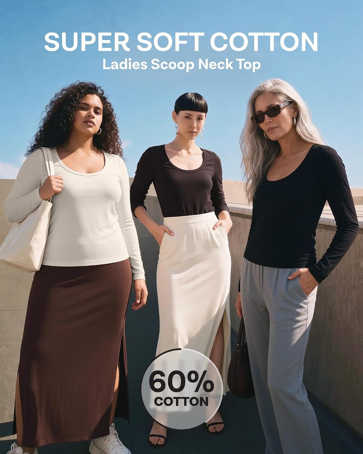image:image3 Pack Womens Cotton Scoop Neck Long Sleeve Shirts Tops Casual Work TeesSolid Black Solid Chocolate Torte Solid Moonbeam