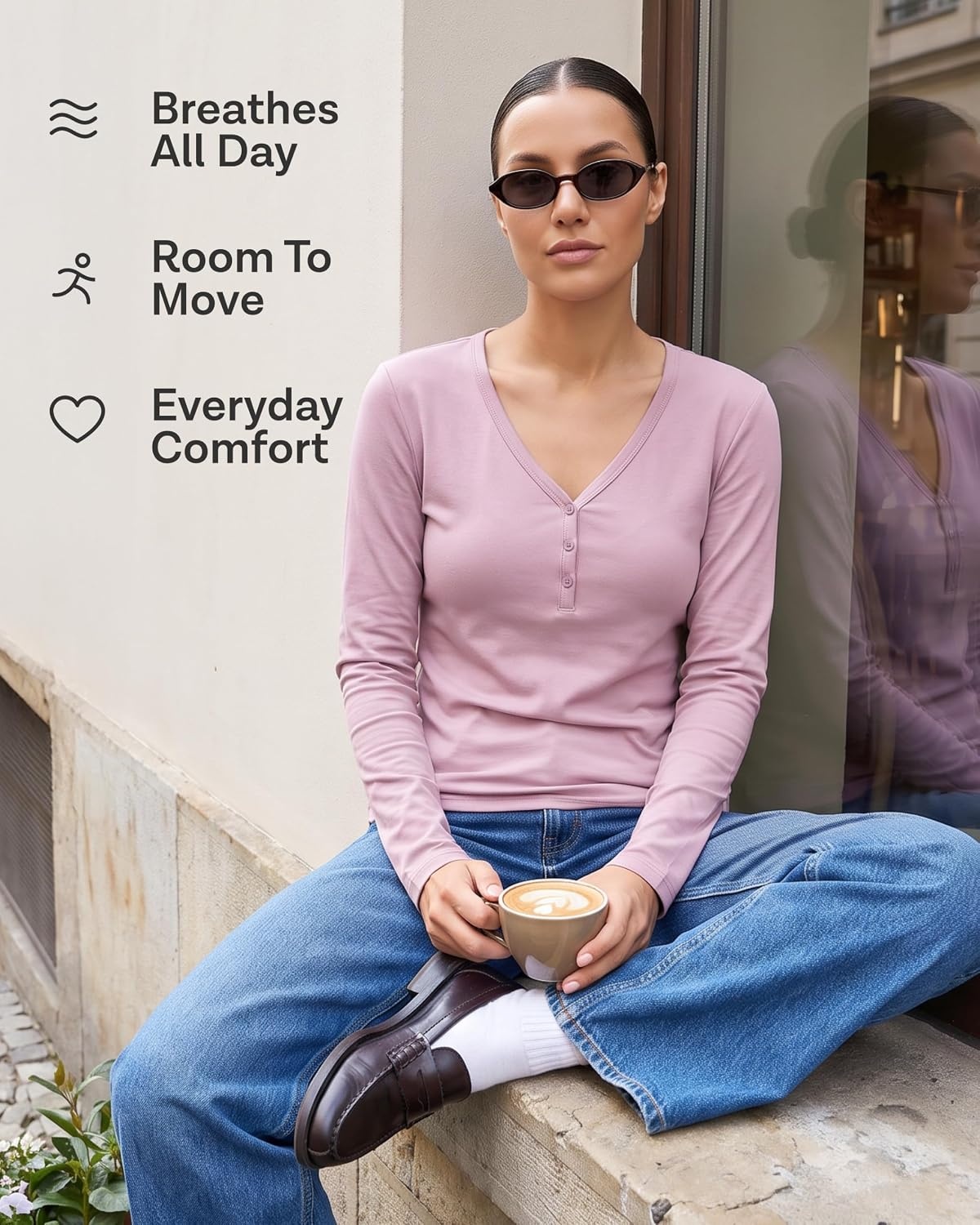 image:image3 Pack Womens Cotton V Neck Henley Shirts Long Sleeve Tops Casual Work TeesSolid Black Solid Navy Blazer Grey Heather
