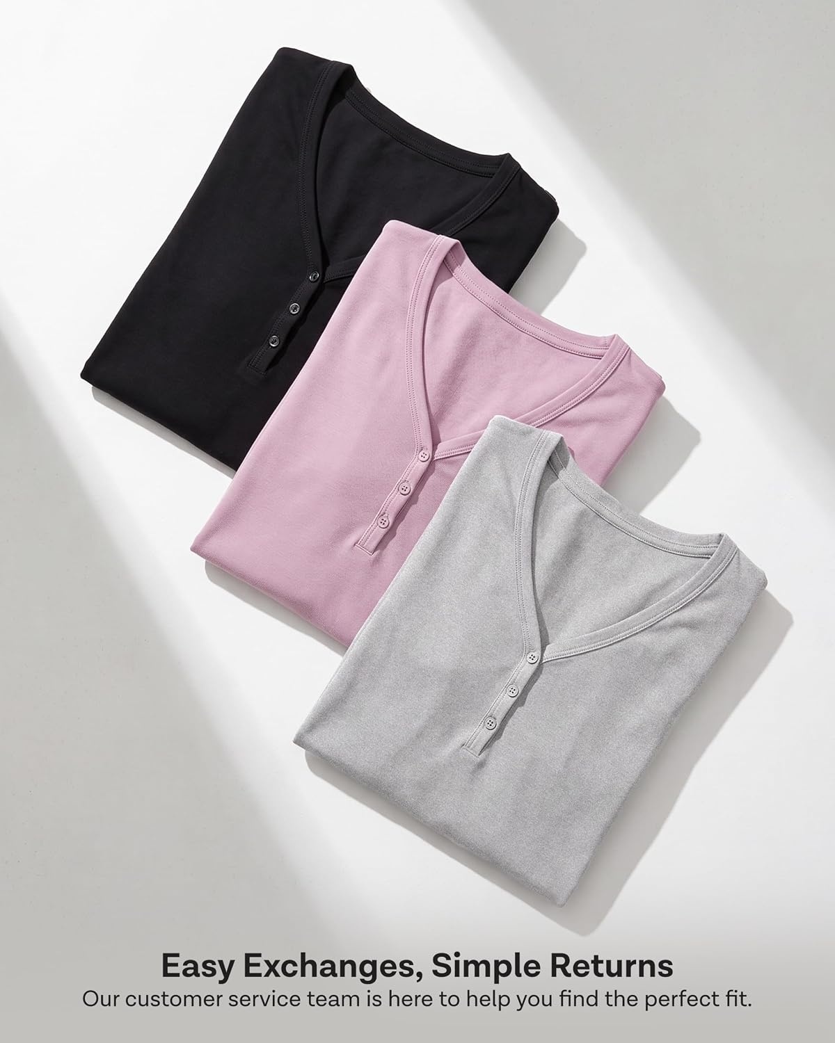 image:image3 Pack Womens Cotton V Neck Henley Shirts Long Sleeve Tops Casual Work TeesSolid Black Solid Vintage Indigo Solid Bright White