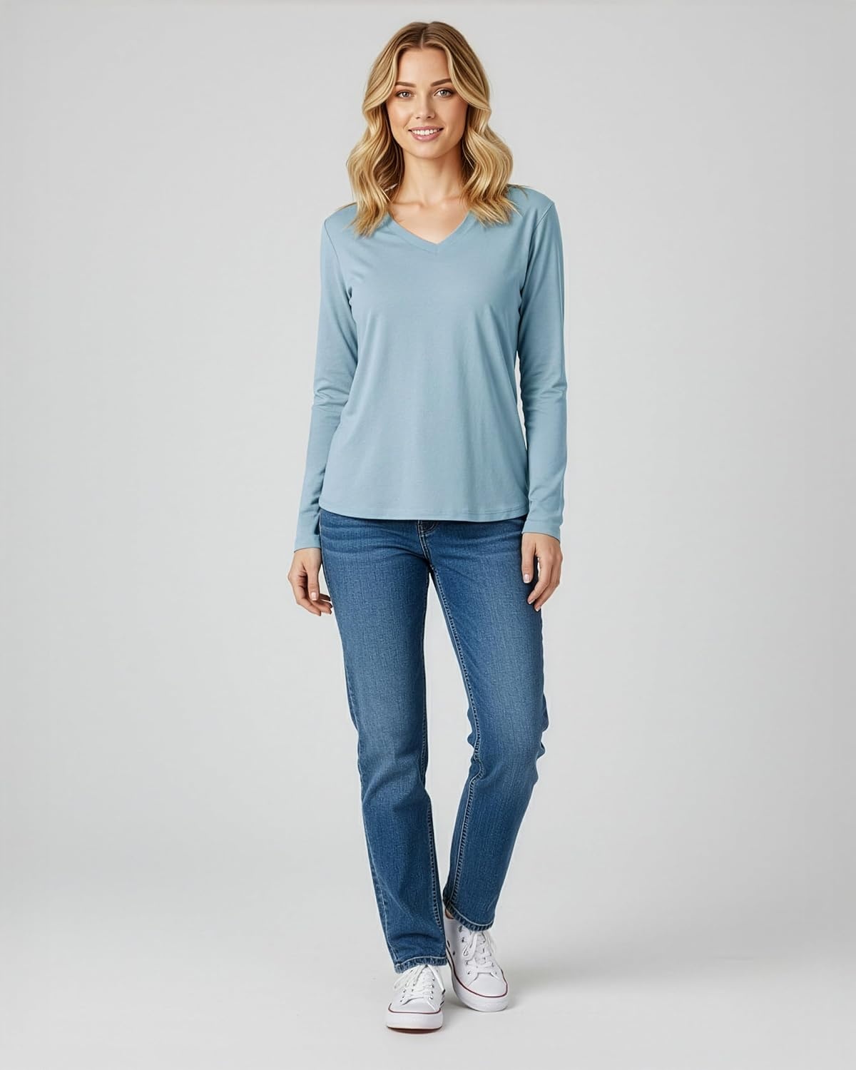 image:image4 Pack Womens Long Sleeve Cotton V Neck Tshirts Basic Tees Tops UndershirtSet 1