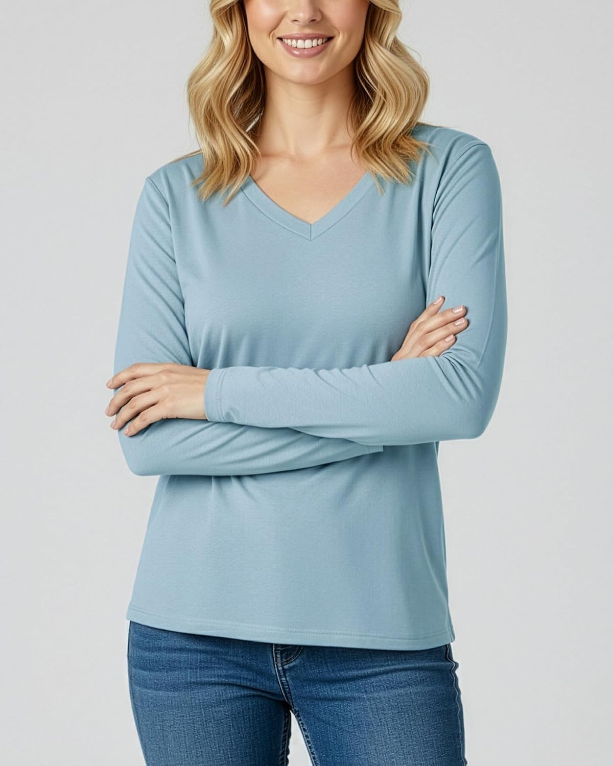 image:image4 Pack Womens Long Sleeve Cotton V Neck Tshirts Basic Tees Tops UndershirtSet 1