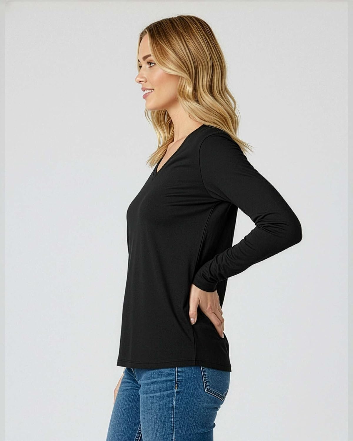 image:image4 Pack Womens Long Sleeve Cotton V Neck Tshirts Basic Tees Tops UndershirtSet 10