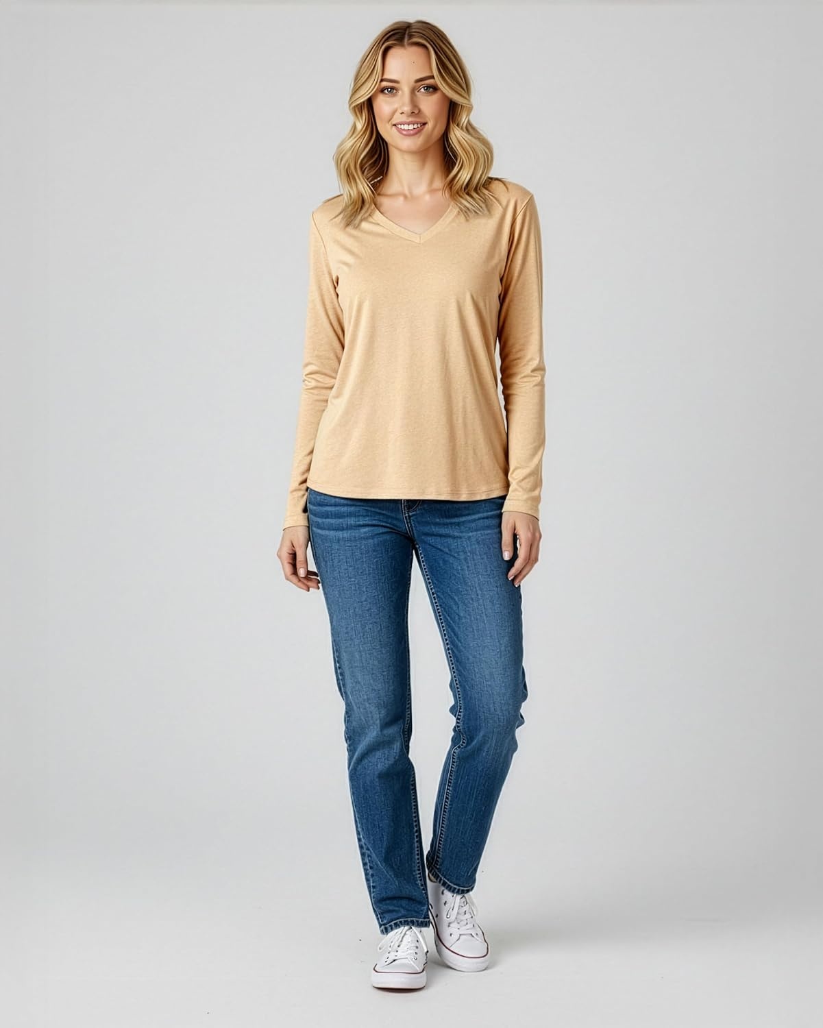 image:image4 Pack Womens Long Sleeve Cotton V Neck Tshirts Basic Tees Tops UndershirtSet 3