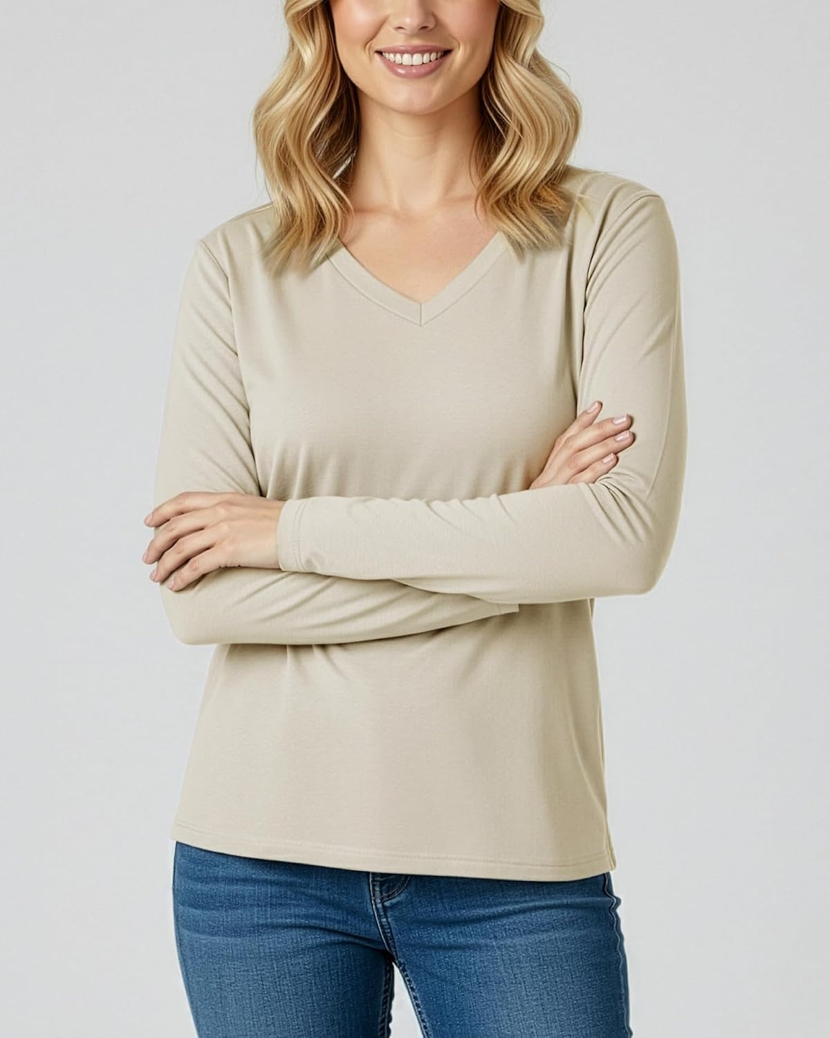 image:image4 Pack Womens Long Sleeve Cotton V Neck Tshirts Basic Tees Tops UndershirtSet 5