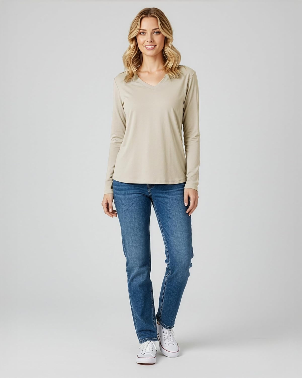 image:image4 Pack Womens Long Sleeve Cotton V Neck Tshirts Basic Tees Tops UndershirtSet 5