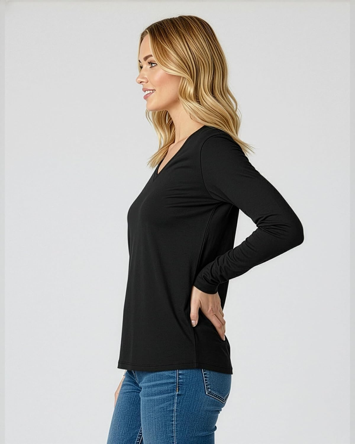image:image4 Pack Womens Long Sleeve Cotton V Neck Tshirts Basic Tees Tops UndershirtSet 7