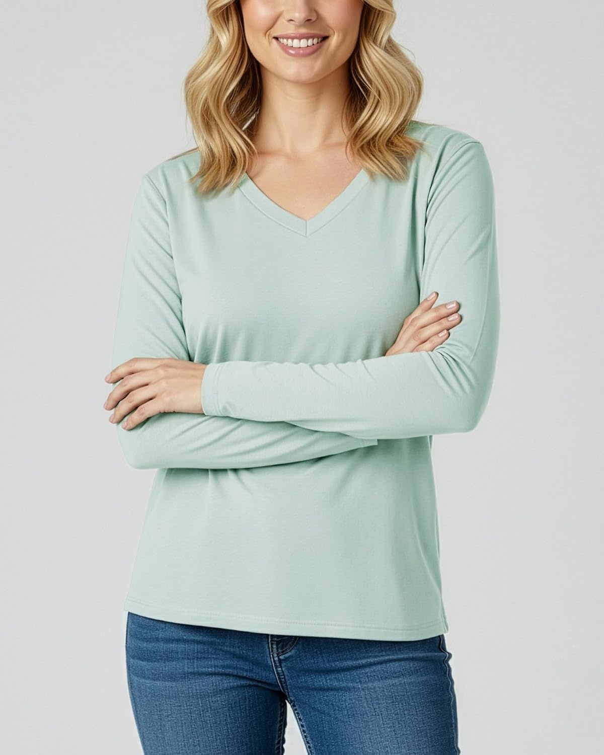 image:image4 Pack Womens Long Sleeve Cotton V Neck Tshirts Basic Tees Tops UndershirtSet 7