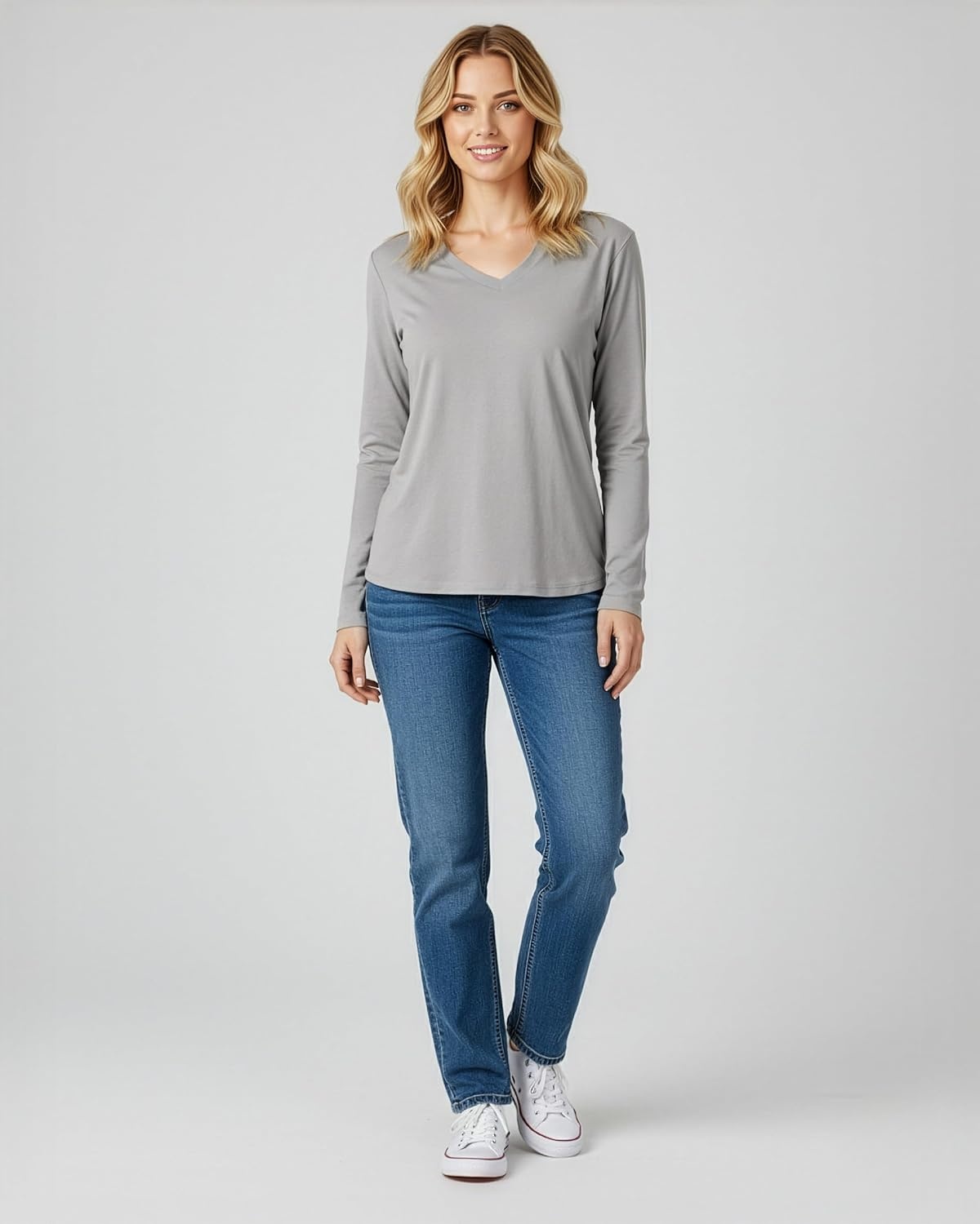 image:image4 Pack Womens Long Sleeve Cotton V Neck Tshirts Basic Tees Tops UndershirtSet 8