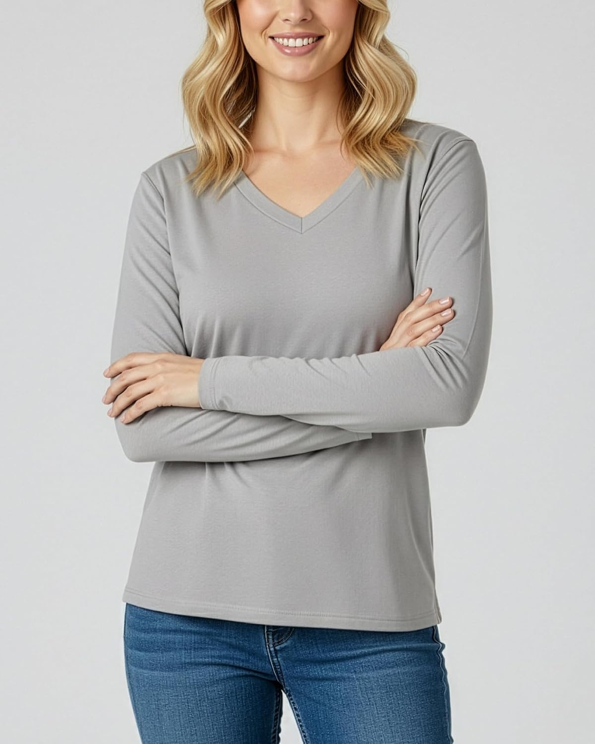 image:image4 Pack Womens Long Sleeve Cotton V Neck Tshirts Basic Tees Tops UndershirtSet 8