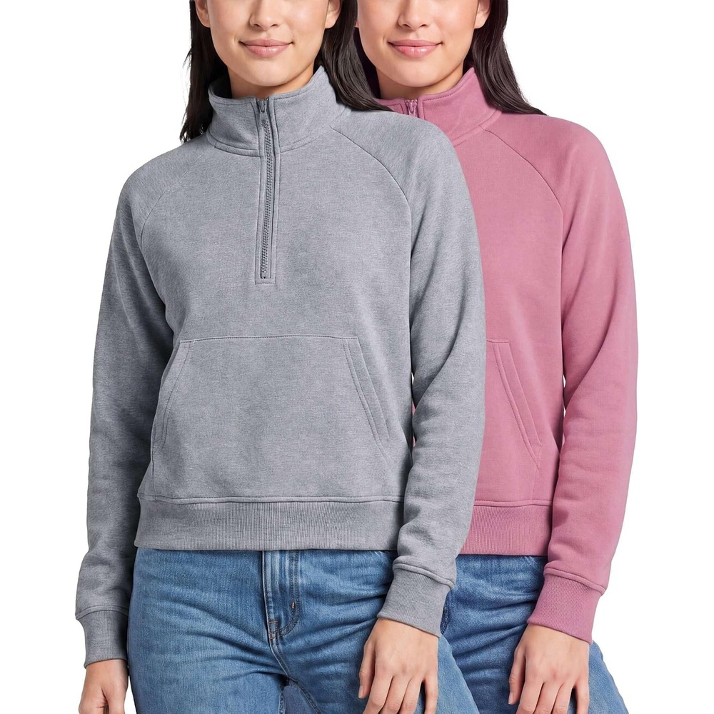image:image2 Pack Womens Fleece Half Zip Pullover Mock Neck Sweatshirt Sweater TopsGrey Heather Solid Cashmere Rose