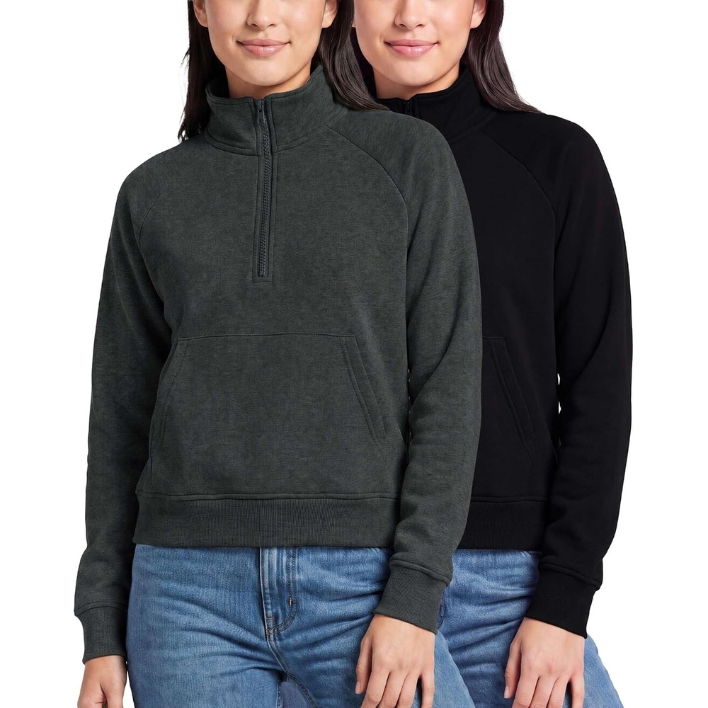 image:image2 Pack Womens Fleece Half Zip Pullover Mock Neck Sweatshirt Sweater TopsSolid Black Charcoal Heather