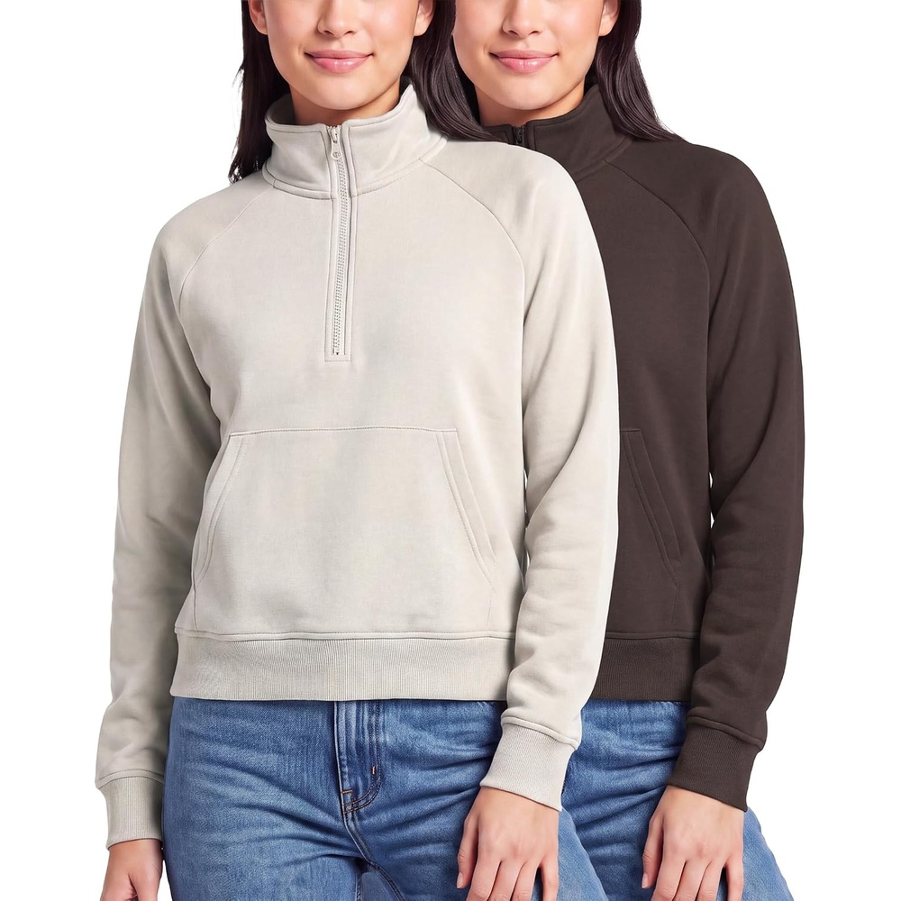 image:image2 Pack Womens Fleece Half Zip Pullover Mock Neck Sweatshirt Sweater TopsSolid Chocolate Torte Solid Moonbeam