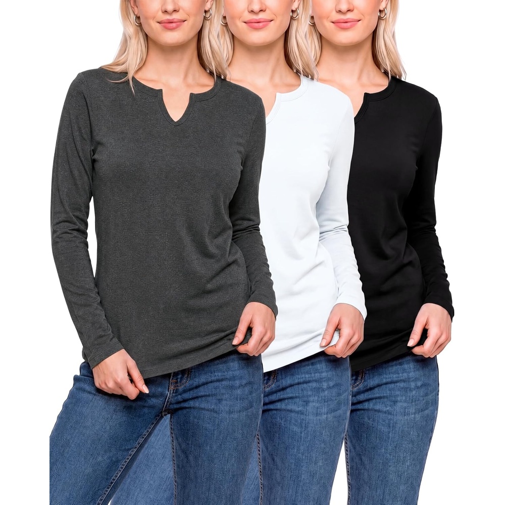 image:image3 Pack Womens Cotton Long Sleeve Tshirts Shirts Cute Tops Casual Work TeesSolid Black  Charcoal Heather  Solid Bright White