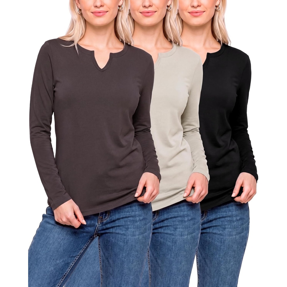 image:image3 Pack Womens Cotton Long Sleeve Tshirts Shirts Cute Tops Casual Work TeesSolid Black  Solid Chocolate Torte  Solid Moonbeam