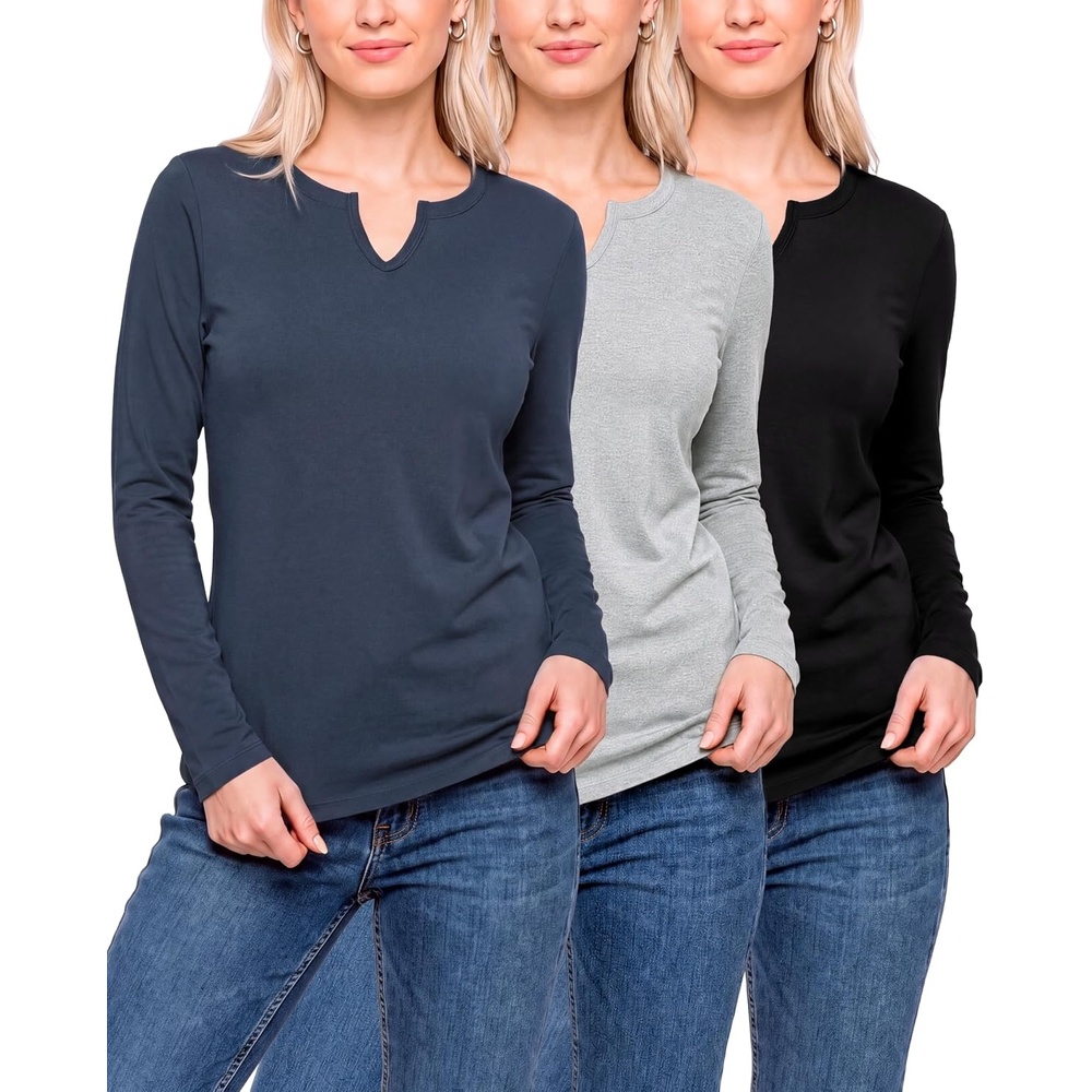 image:image3 Pack Womens Cotton Long Sleeve Tshirts Shirts Cute Tops Casual Work TeesSolid Black Solid Navy Blazer Grey Heather