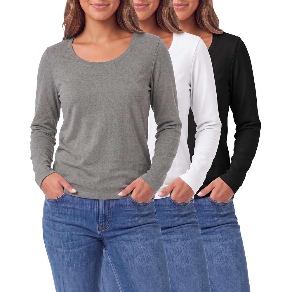 image:image3 Pack Womens Cotton Scoop Neck Long Sleeve Shirts Tops Casual Work TeesSolid Black Charcoal Heather Solid Bright White